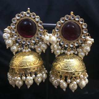 MAHARANI Pachi Kundan Large Jhumki Earrings & Tikka - Ruby