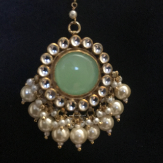 MAHARANI Pachi Kundan Large Jhumki Earrings & Tikka - Mint