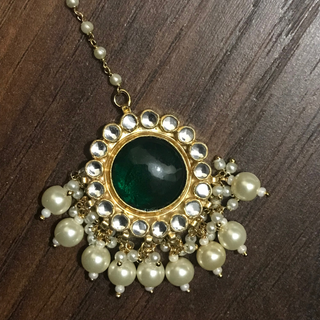 MAHARANI Pachi Kundan Large Jhumki Earrings & Tikka - Bottle Green