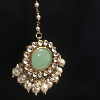 MAHARANI Pachi Kundan Large Jhumki Earrings & Tikka - Mint