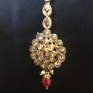 Royal Antique Gold Jhumki Earring & Tikka Set - Ruby