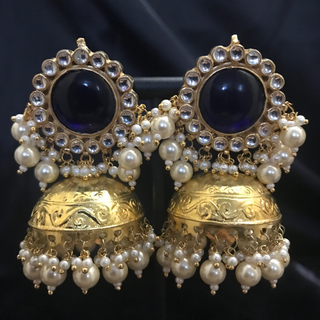 MAHARANI Pachi Kundan Large Jhumki Earrings & Tikka - Navy