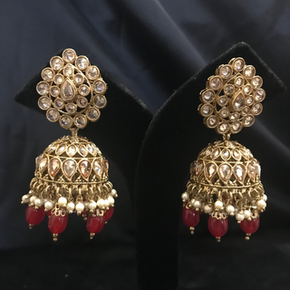 Royal Antique Gold Jhumki Earring & Tikka Set - Ruby