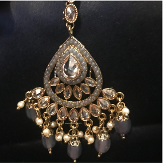 MAHIRA Antique Gold Earring & Tikka Set - Charcoal Grey