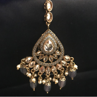 MAHIRA Antique Gold Earring & Tikka Set - Charcoal Grey