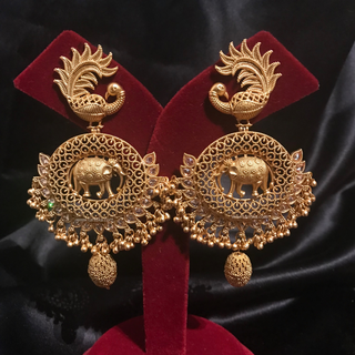 TANISHQ Designer Elephant (Hati) / Peacock Antique Gold Earrings - Golden Treasure