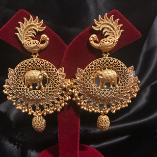 TANISHQ Designer Elephant (Hati) / Peacock Antique Gold Earrings - Golden Treasure