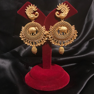 TANISHQ Designer Elephant (Hati) / Peacock Antique Gold Earrings - Golden Treasure