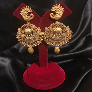 TANISHQ Designer Elephant (Hati) / Peacock Antique Gold Earrings - Golden Treasure