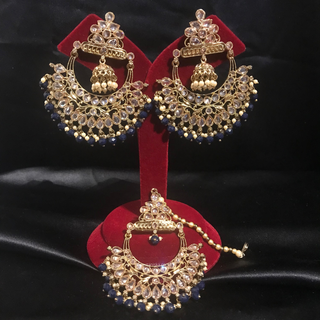 ARIA Navy Antique Gold Earring & Tikka Set