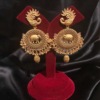 TANISHQ Designer Elephant (Hati) / Peacock Antique Gold Earrings - Golden Treasure