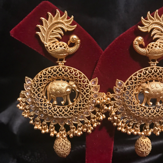 TANISHQ Designer Elephant (Hati) / Peacock Antique Gold Earrings - Golden Treasure